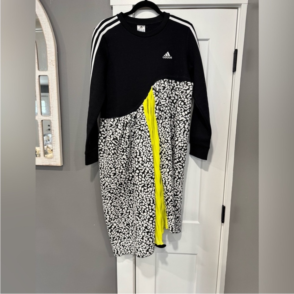 adidas Black, White & Neon Yellow Leopard Print Sweatshirt Dress